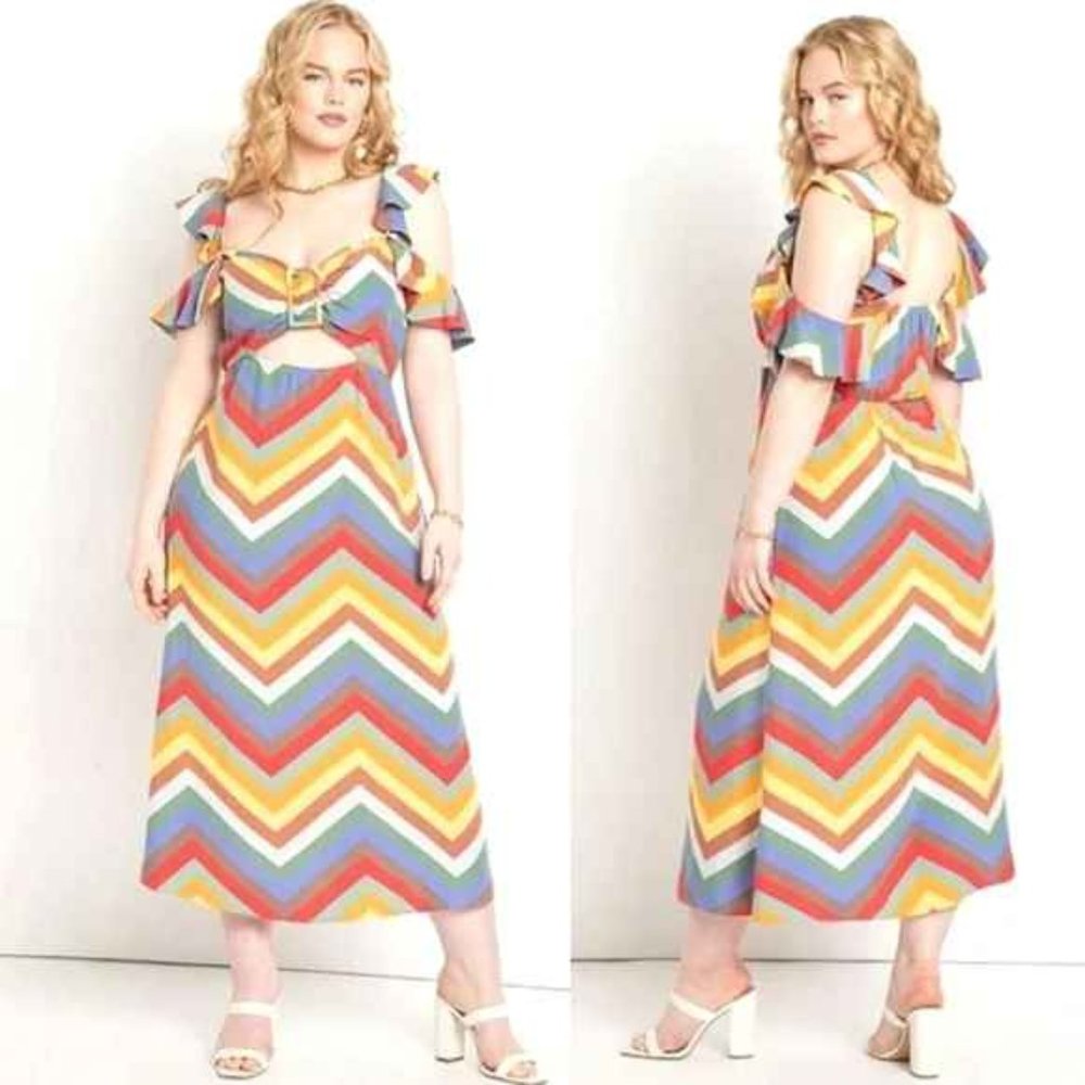 ELOQUII Chevron Cutout Ruffle Strap Maxi Dress Yellow Blue Size 16 NWT